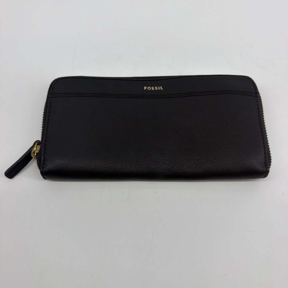 Womens Fossil Zip Around Pebbled Medium Black Leather Wallet Tiegan Clutch